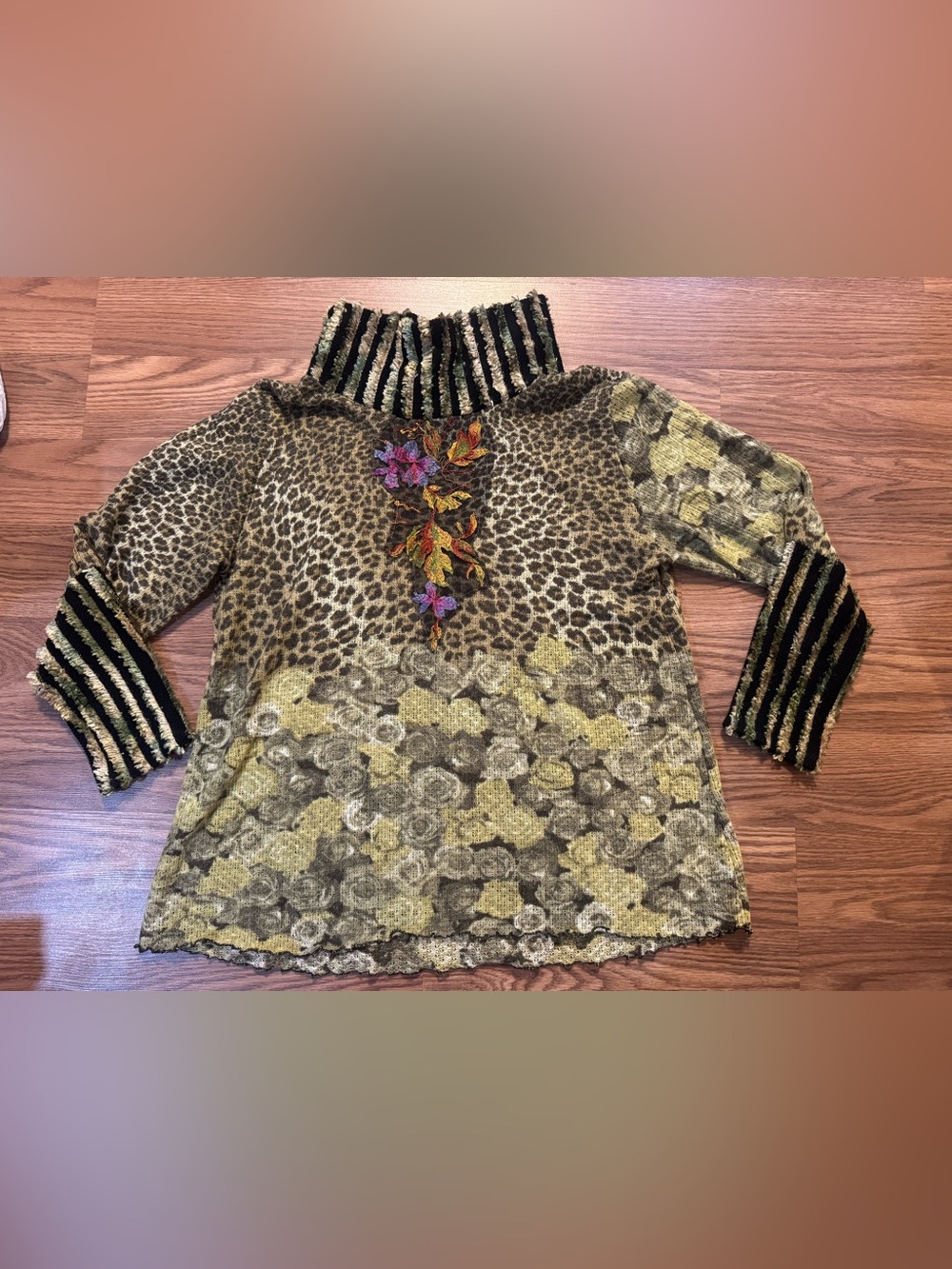 Lee Andersen' Mixed Animal Print Turtleneck Top with Floral- Brown/Gold
